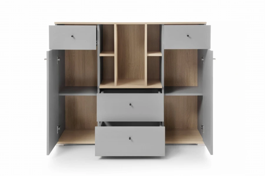Offenes Sideboard in Grau und Eiche mit Türen, Schubladen und Regalfächern für das Wohnzimmer.