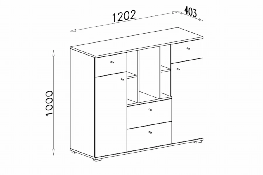 Technische Maßskizze der Kommode mit Abmessungen: Breite 1202 mm, Höhe 1000 mm, Tiefe 403 mm.