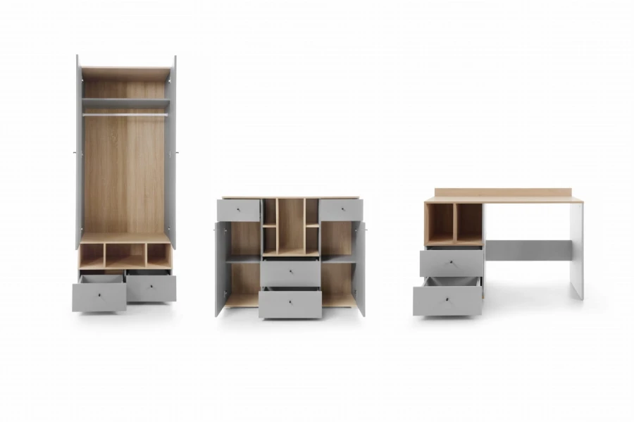 Geöffnetes Möbelset in Grau und Eiche: Kleiderschrank, Kommode und Schreibtisch mit viel Stauraum.