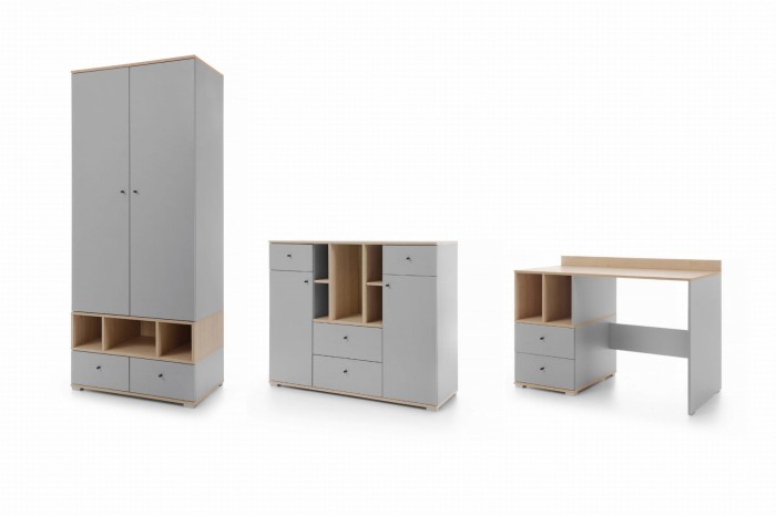 Möbelset in Grau und Eiche: Moderner Kleiderschrank, Sideboard und Schreibtisch für das Jugendzimmer.