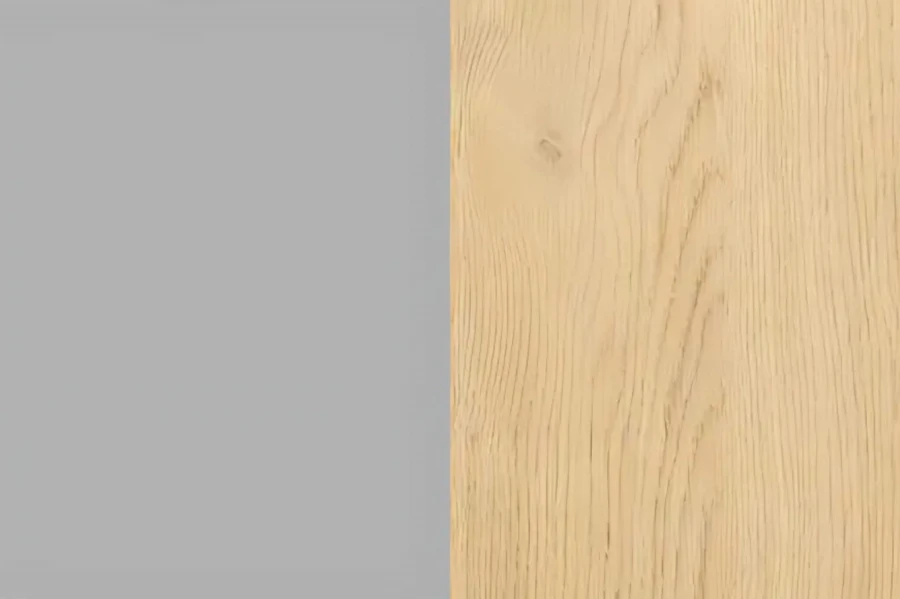 Materialmuster: Eichenholz-Textur kombiniert mit einer glatten grauen Oberfläche.