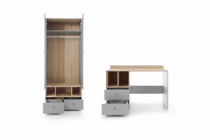 Innenansicht von Kleiderschrank und Schreibtisch mit offenen Schubladen für Jugendzimmer.