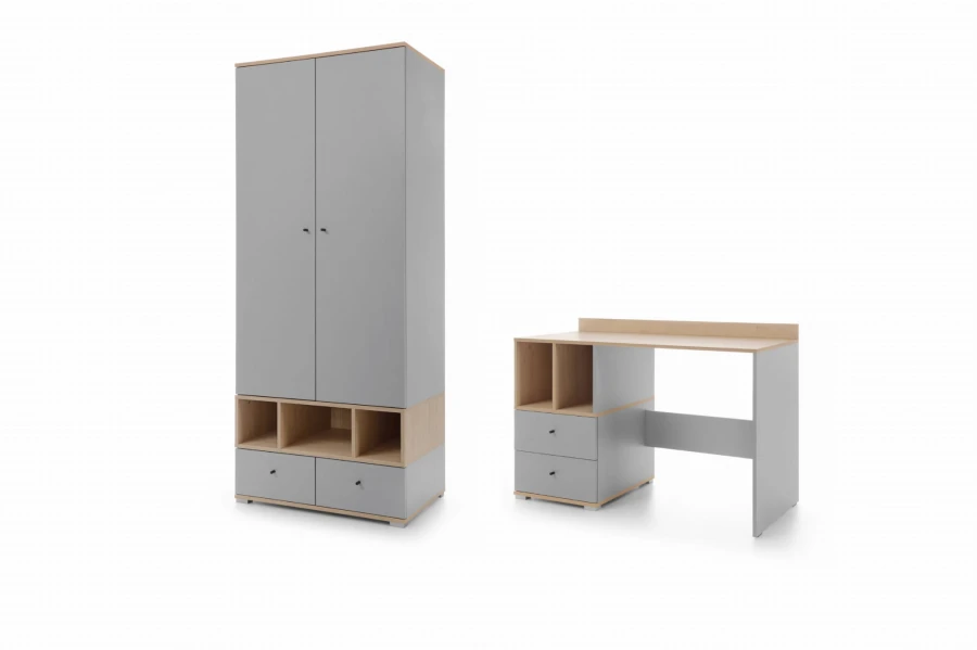 Modernes Möbel-Set für Jugendliche: Kleiderschrank und Schreibtisch in Grau und Eiche.