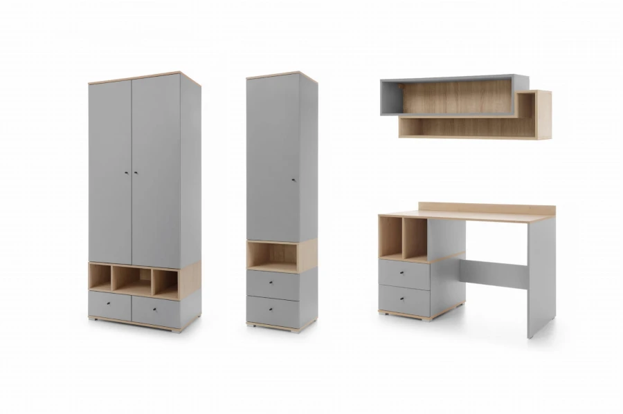 Modernes Jugendzimmer Möbelset in Grau und Eiche bestehend aus Schrank, Regal und Schreibtisch.