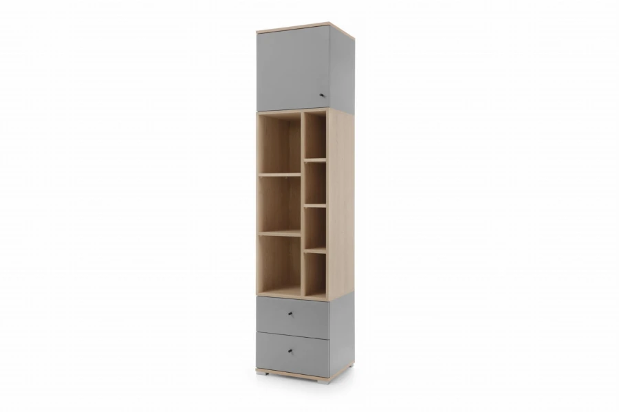 Modernes Standregal in Grau und Eiche-Optik mit geschlossener Tür und Schubladen.