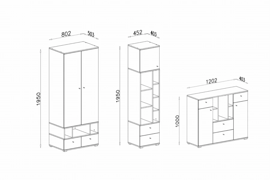 Technical drawing with dimensions for wardrobe, shelf and sideboard of the Olaf series.