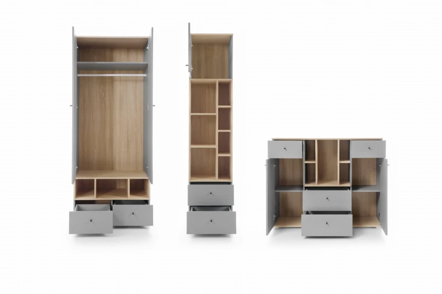 Interior view of wardrobe, shelf and chest of drawers in grey and oak-effect with plenty of storage space.