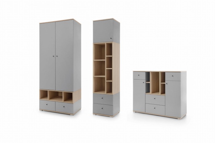 Moderne Möbelkombination aus Schrank, Regal und Sideboard in Grau und Eiche für das Jugendzimmer.