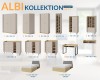 Produktübersicht der Albi Kollektion mit Maßen für Schränke, Betten, Regale und Schreibtisch.