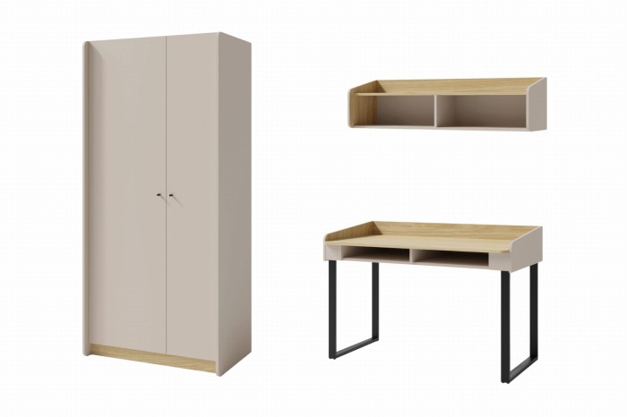 Modernes Jugendzimmer-Set bestehend aus Kleiderschrank, Schreibtisch und Wandregal.