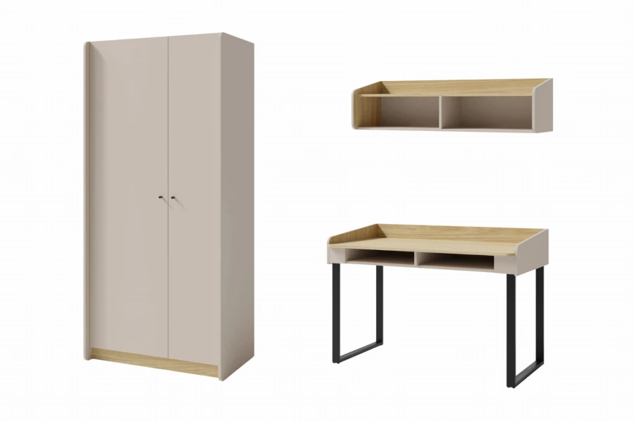 Modern youth room set consisting of a wardrobe, desk and wall shelf.