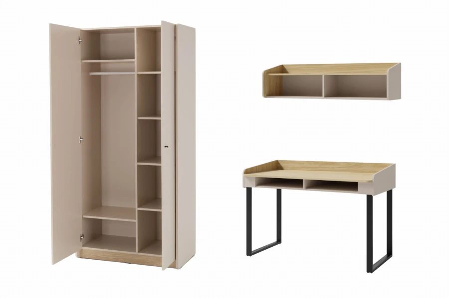 Open wardrobe with practical interior layout next to desk and shelf.