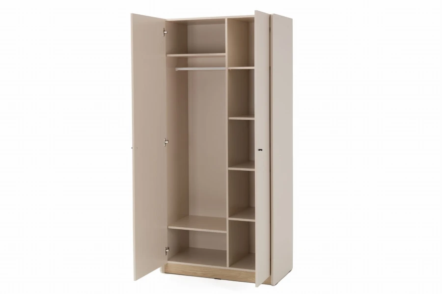 Offener Kleiderschrank in Beige mit Regalfächern und Kleiderstange für das Schlafzimmer.