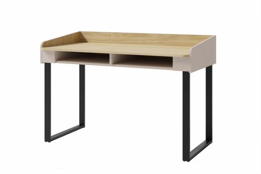 Moderner Schreibtisch in Eiche-Optik mit schwarzen Metallbeinen und zwei offenen Ablagefächern