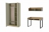 3-teiliges Möbelset: Geöffneter Kleiderschrank, Schreibtisch und Wandregal in Grün-Eiche.