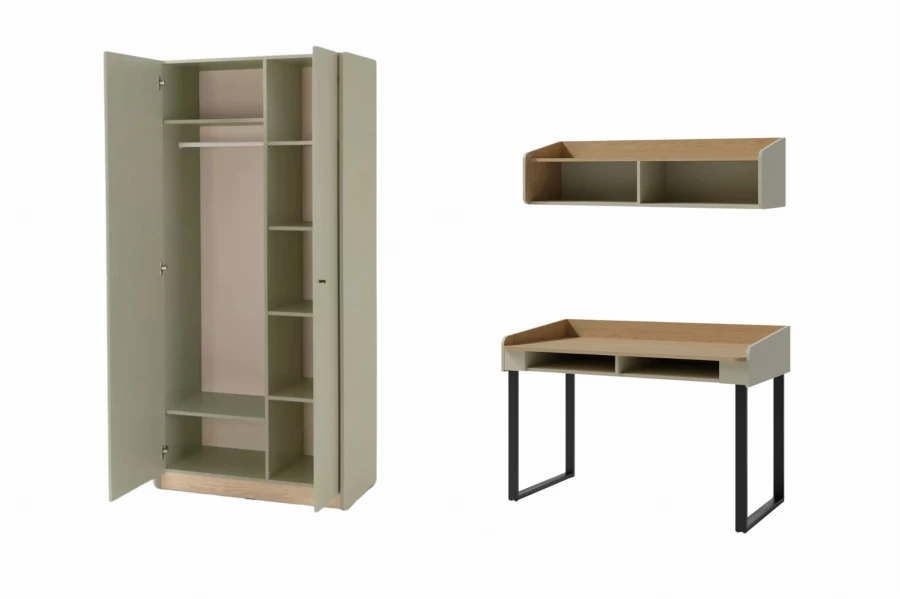 3-teiliges Möbelset: Geöffneter Kleiderschrank, Schreibtisch und Wandregal in Grün-Eiche.