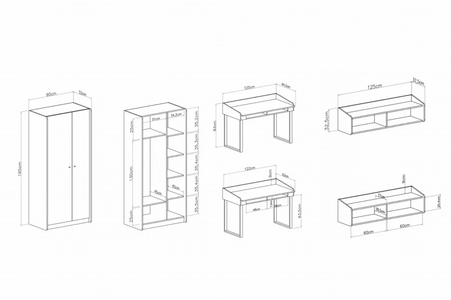 Maßangaben und technische Details für Kleiderschrank, Schreibtisch und Hängeregal.