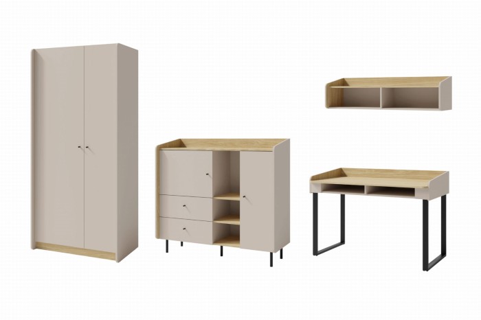 Komplettes vierteiliges Jugendzimmer-Set in Beige und Eiche mit Schrank, Kommode und Schreibtisch