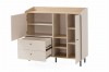 Modern dressoir in beige en eiken, open aanzicht met opbergruimte en lades.
