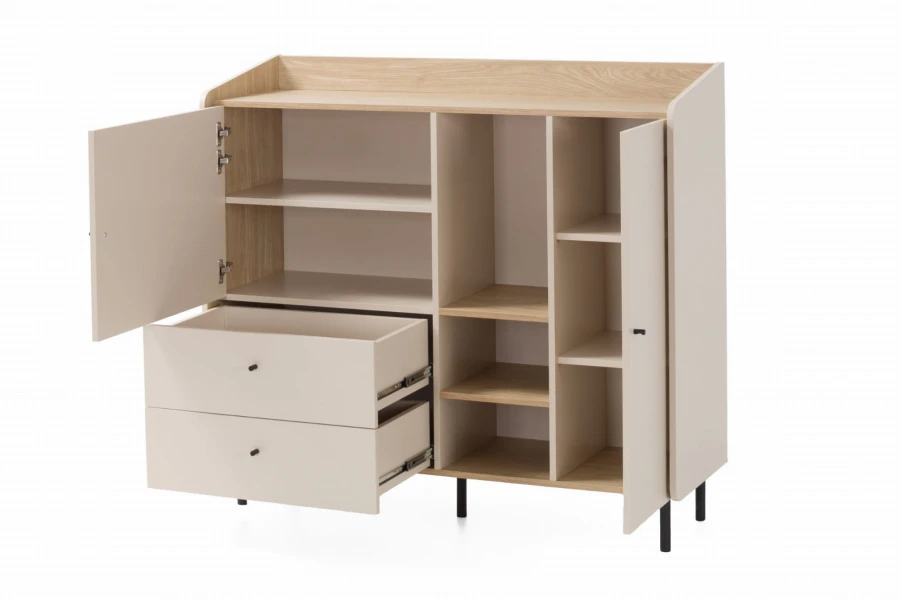 Modernes Sideboard in Beige und Eiche, offene Ansicht mit Stauraum und Schubladen.