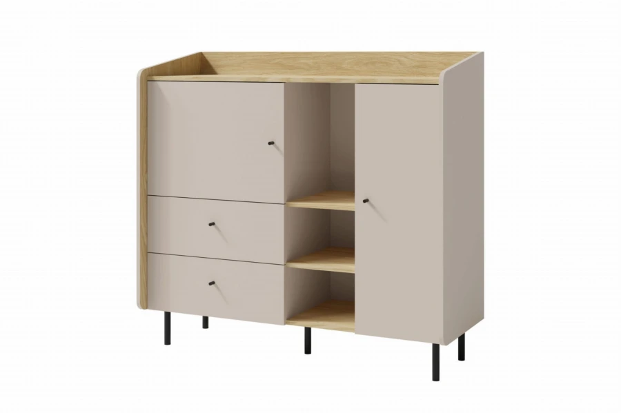 Elegante commode in beige en eiken met zwarte metalen poten, vooraanzicht gesloten.