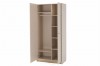 Beige Kleiderschrank zweitürig offen mit Kleiderstange und praktischen Ablagefächern.