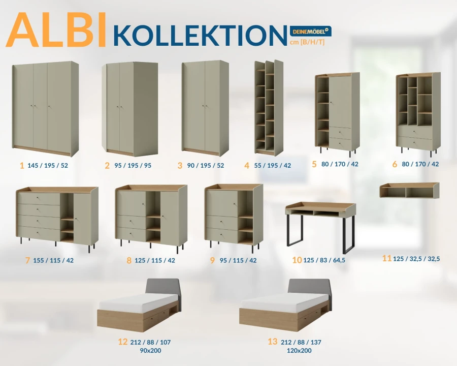 Übersicht der Albi Möbel-Kollektion mit Maßen für Schränke, Regale und Betten.