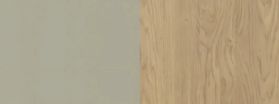 Materialmuster: Kombination aus mattem Grau und natürlicher Eiche-Optik.