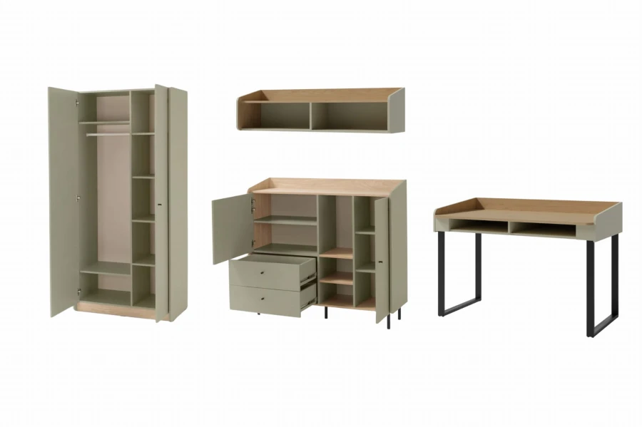 Furniture set consisting of wardrobe, chest of drawers and desk in grey-oak.