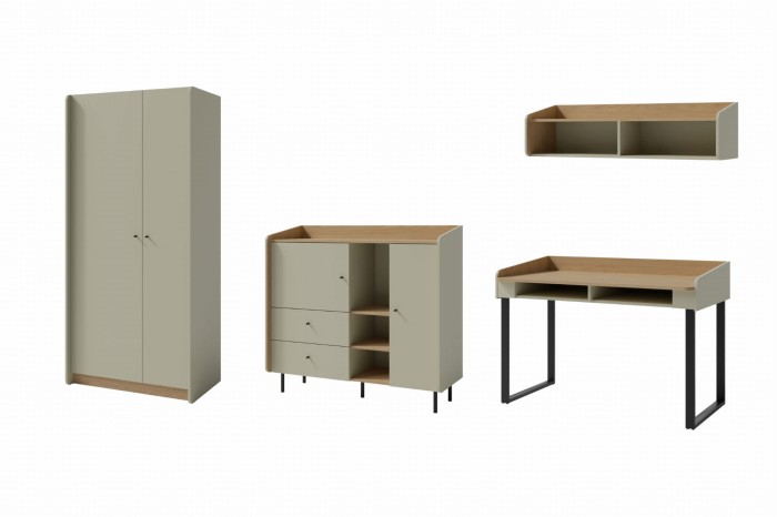 Modernes Kinderzimmermöbel-Set in Hellgrau und Eiche: Kleiderschrank, Kommode, Schreibtisch und Regal.