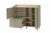 Modern sideboard in sage green with open doors and drawers for plenty of storage space.