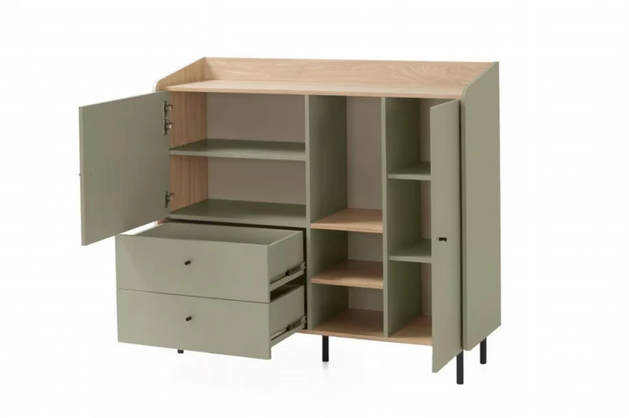 Modernes Sideboard in Salbeigrün mit offenen Türen und Schubladen für viel Stauraum.