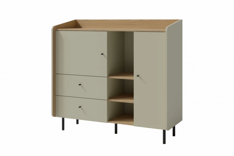 Stilvolle Kommode in Salbeigrün und Eiche-Optik mit schlanken schwarzen Metallfüßen.