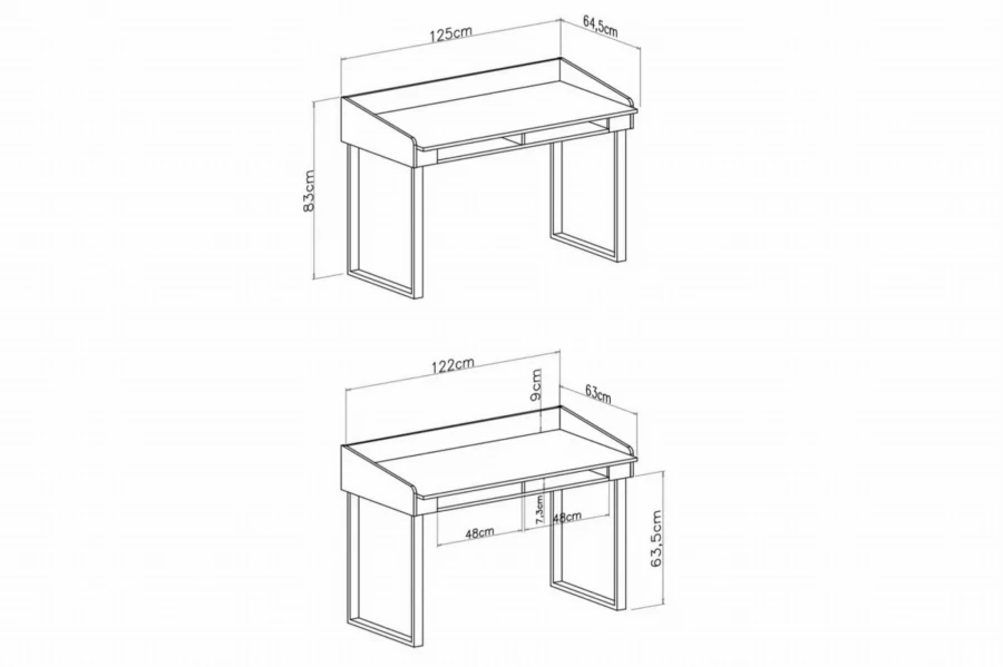 Abmessungen für Schreibtisch Albi: 125x83x64,5 cm Breite, Höhe und Tiefe.