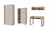 Möbel-Set in Beige und Holzoptik bestehend aus Kleiderschrank, Regal und Schreibtisch.