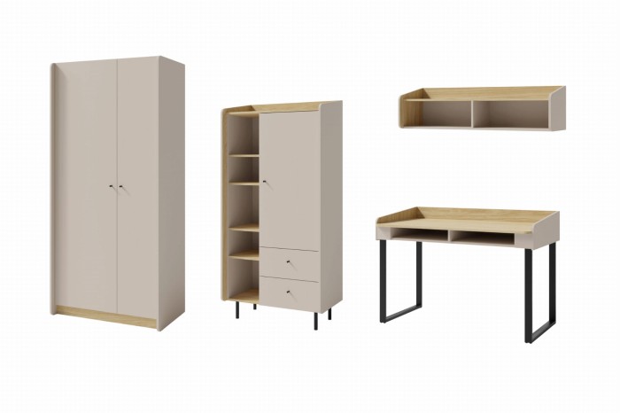 Möbel-Set in Beige und Holzoptik bestehend aus Kleiderschrank, Regal und Schreibtisch.