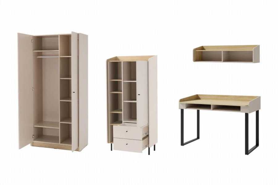 Geöffnetes Möbel-Set zeigt Inneneinteilung und Stauraum von Schrank und Regal.