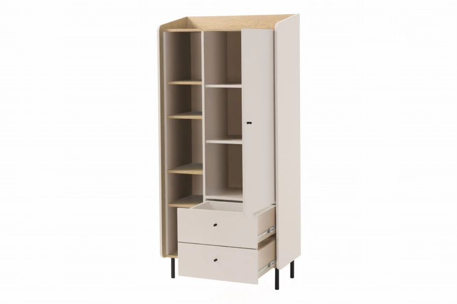 Hoher Schrank in Beige und Holzoptik mit geöffneter Tür und zwei Schubladen.