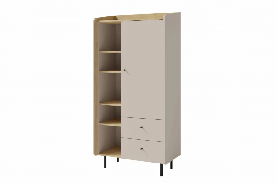 Moderner Kombischrank in Beige und Eiche-Optik mit schwarzen Metallfüßen.