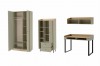 Möbelset Kinderzimmer salbeigrün: Kleiderschrank, Kommode, Schreibtisch und Wandregal in Eiche-Optik.