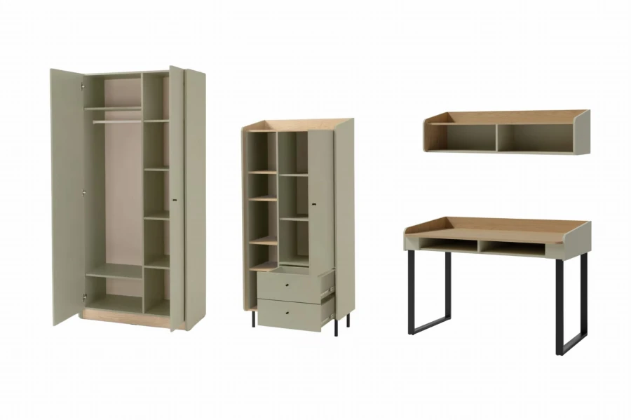 Möbelset Kinderzimmer salbeigrün: Kleiderschrank, Kommode, Schreibtisch und Wandregal in Eiche-Optik.