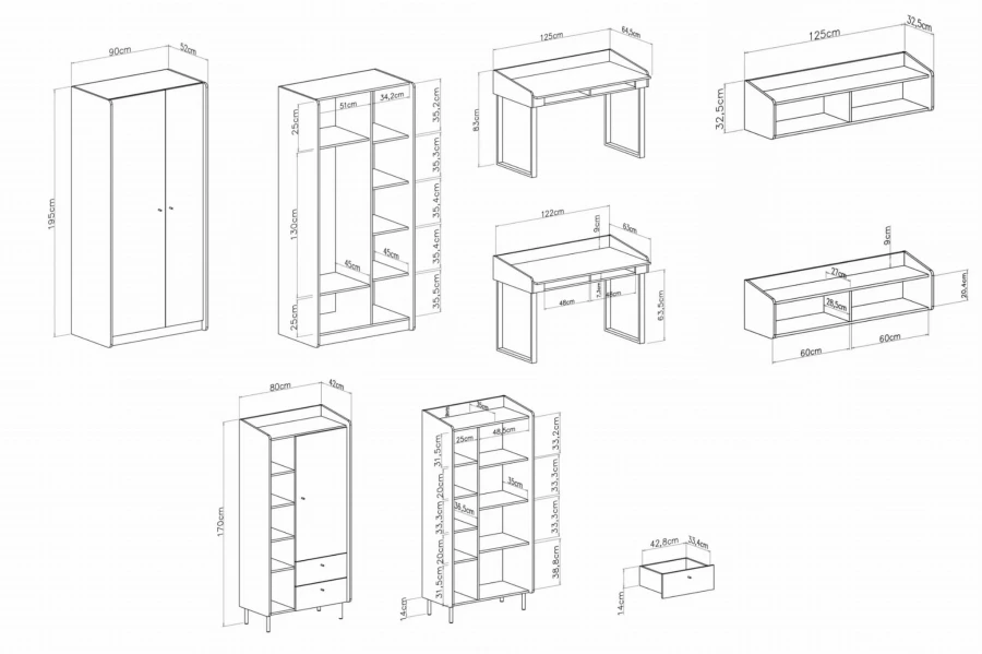 Technische Skizze mit Maßen für Kinderzimmer-Möbelset: Schrank, Schreibtisch und Wandboard Abmessungen.