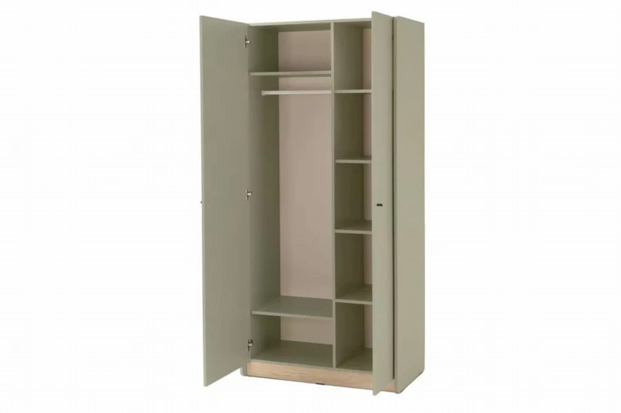 Zweitüriger Kleiderschrank salbeigrün geöffnet mit Kleiderstange und Regalböden für viel Stauraum.