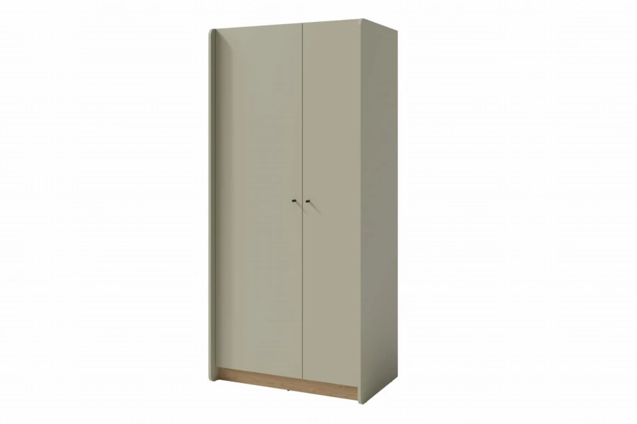 Moderner zweitüriger Kleiderschrank in Salbeigrün mit Holzsockel für das Schlafzimmer.