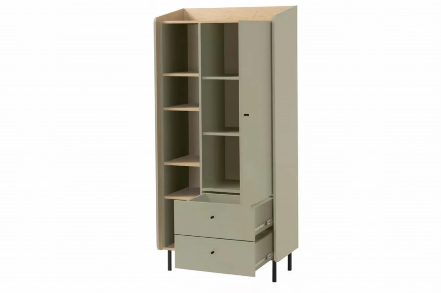Salbeigrünes Standregal mit geöffneter Tür, Schubladen und schwarzen Metallfüßen.