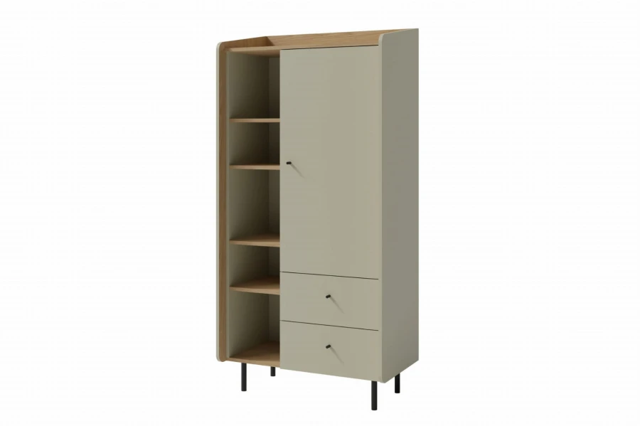 Moderner Kombischrank in Beige und Eichenoptik mit Regalfächern, einer Tür und zwei Schubladen.