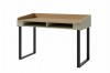 Moderner Schreibtisch in Beige und Holzoptik mit schwarzen Metallfüßen und praktischen Ablagefächern.