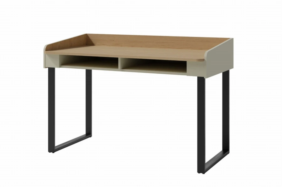 Moderner Schreibtisch in Beige und Holzoptik mit schwarzen Metallfüßen und praktischen Ablagefächern.