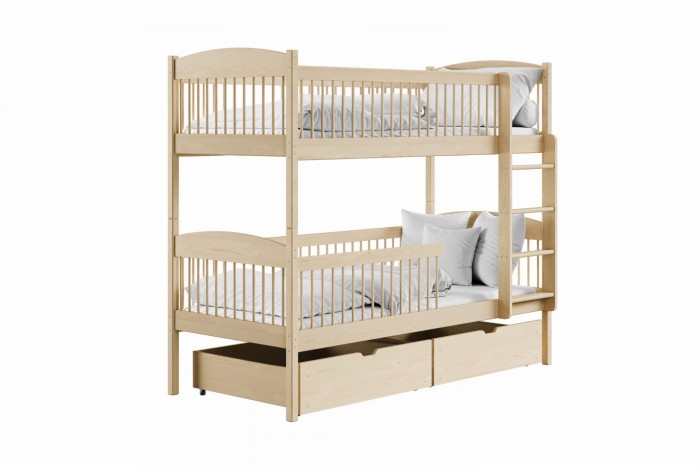 Klassisches Etagenbett aus hellem Massivholz mit zwei Bettschubladen und Rausfallschutz.