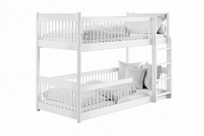 Weißes Etagenbett aus massivem Holz mit Leiter für das Kinderzimmer.
